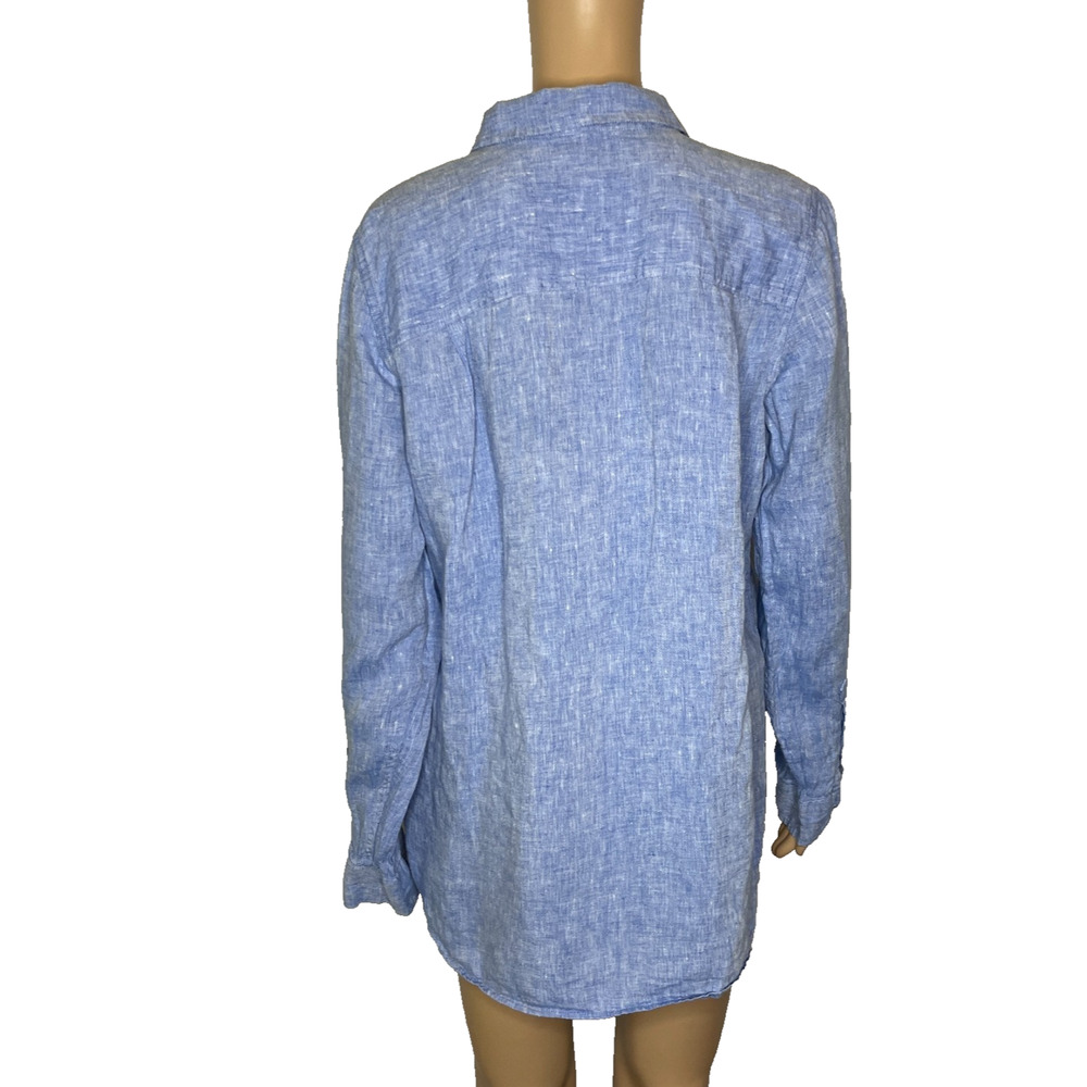 Women's Large L.L.Bean Premium Washable 100% Linen Blue Button Down Blouse - Picture 3 of 5